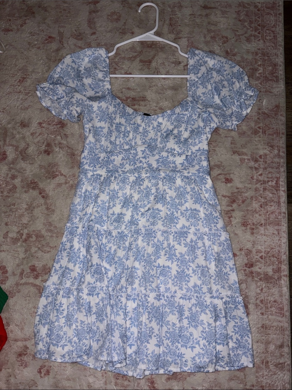 Blue Floral Puff-Sleeve Summer Dress
